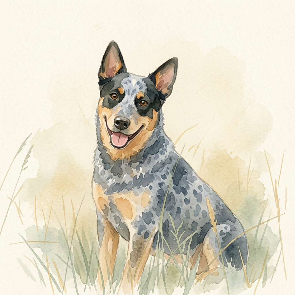 The same blue heeler drawn as a watercolour storybook character