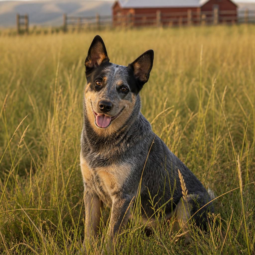 Reference photograph of a blue heeler dog in a Montana field
