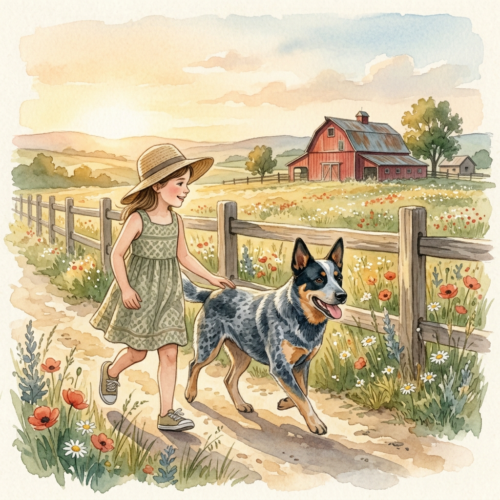 The illustrated dog walking with a girl past a red barn
